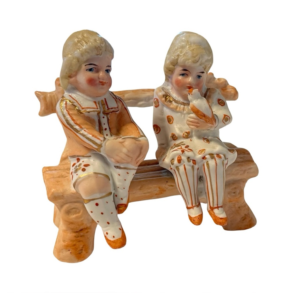 Vintage German Bisque Porcelain Figurine – Two Boys on Bench with Bird